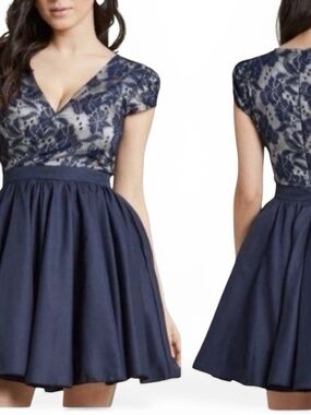 Chi Chi London Navy Blue Lace Mini Dress with Bubble Hem size 10